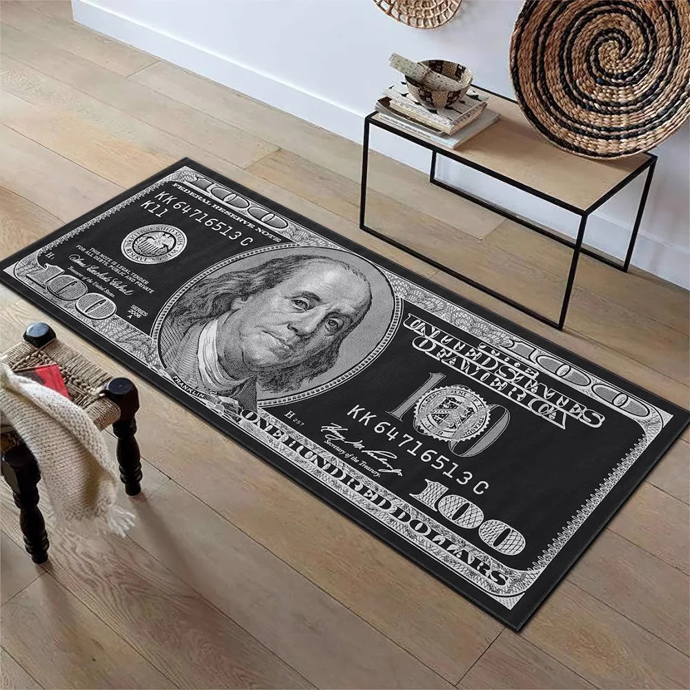 Läufer mit 100-Dollar-Schein-Motiv in Schwarz-Weiß für Eingang, Küche und Schlafzimmer – 50 × 120 oder 50 × 160 cm, rutschfest, waschbar