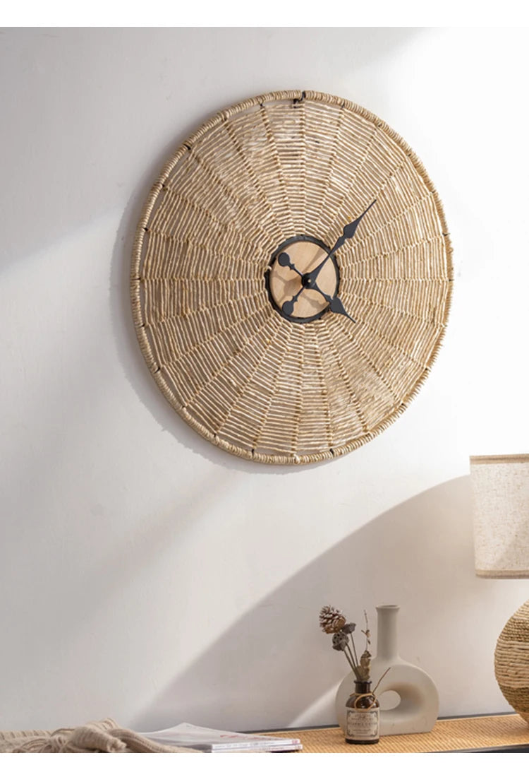 Rattan-Wanduhr im japanischen Stil aus Holz, Seil und Eisen für das Wohnzimmer – 60 × 60 oder 80 × 80 cm, rund, geräuschloses Quarzwerk