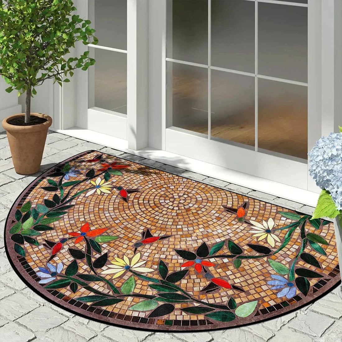 Halbrunde Fußmatte mit Mosaik-Blumenmuster im Vintage-Stil für Eingang, Veranda und Balkon – 40 × 60 bis 60 × 90 cm, rutschfest, 10 Motive