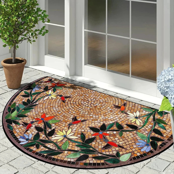 Halbrunde Fußmatte mit Mosaik-Blumenmuster im Vintage-Stil für Eingang, Veranda und Balkon – 40 × 60 bis 60 × 90 cm, rutschfest, 10 Motive