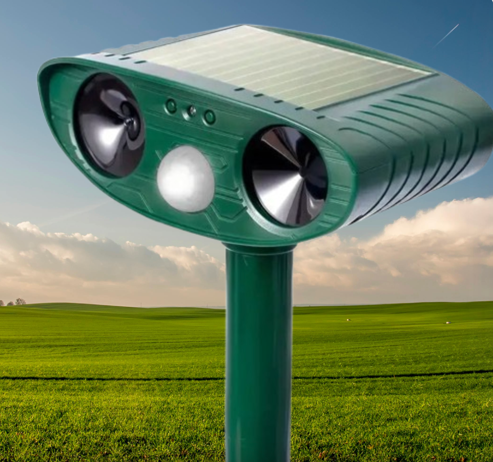 Solar-Tiervertreiber mit Ultraschall und LED-Blitzlicht für Garten und Außenbereich – Bewegungsmelder bis 8 m, 110°, IP44, Erdspieß oder Wandmontage