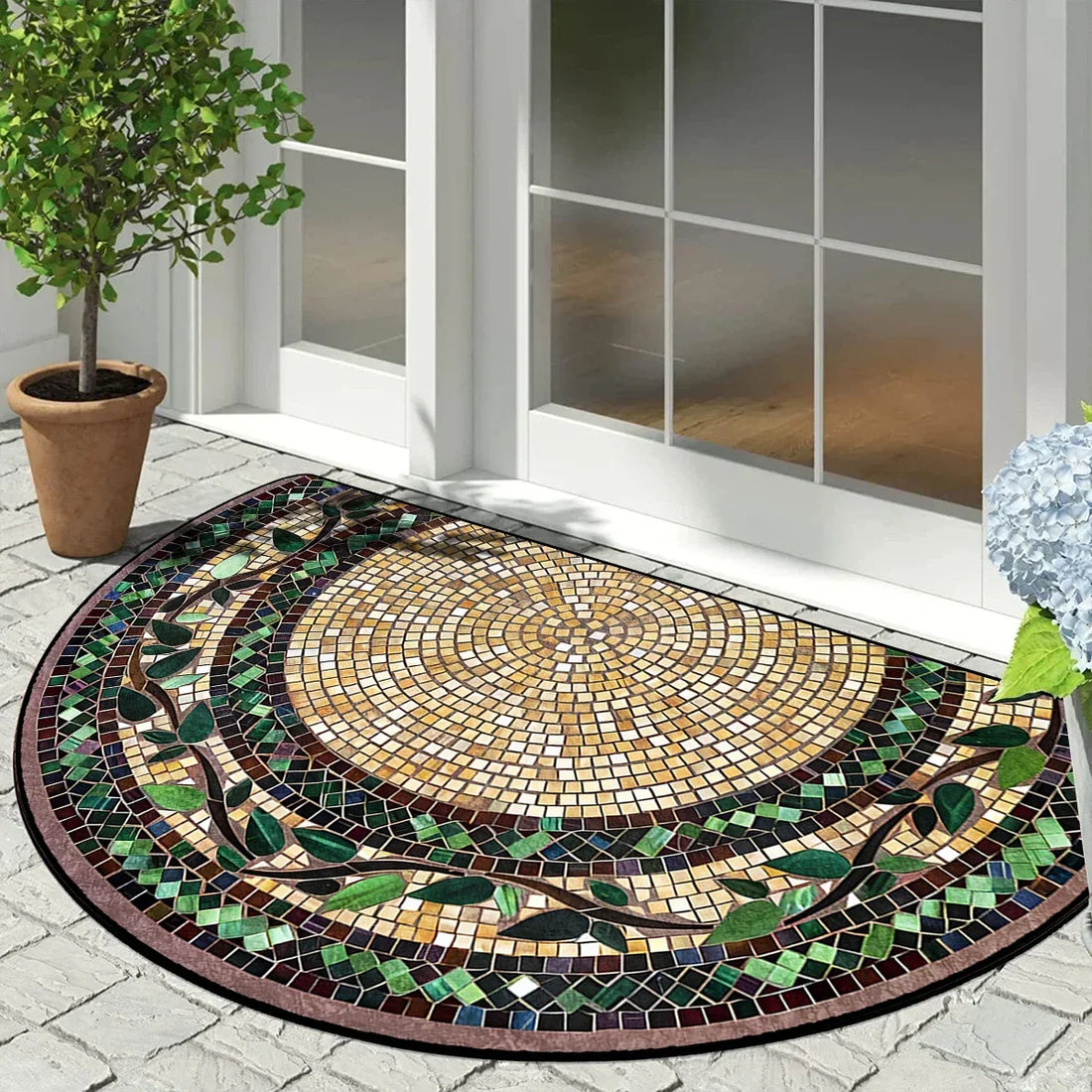 Halbrunde Fußmatte mit Mosaik-Blumenmuster im Vintage-Stil für Eingang, Veranda und Balkon – 40 × 60 bis 60 × 90 cm, rutschfest, 10 Motive