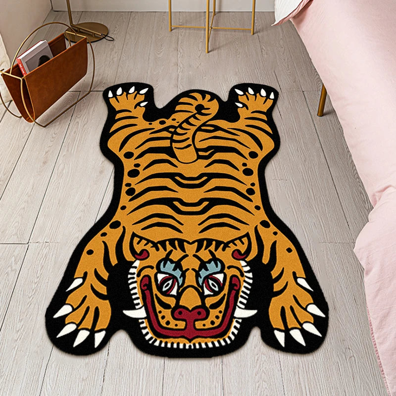 Teppich in Tigerform mit Cartoon-Motiv für Wohnzimmer, Kinderzimmer und Nachttisch – 50 × 80 bis 100 × 150 cm, Flanell, rutschfest, 5 Motive