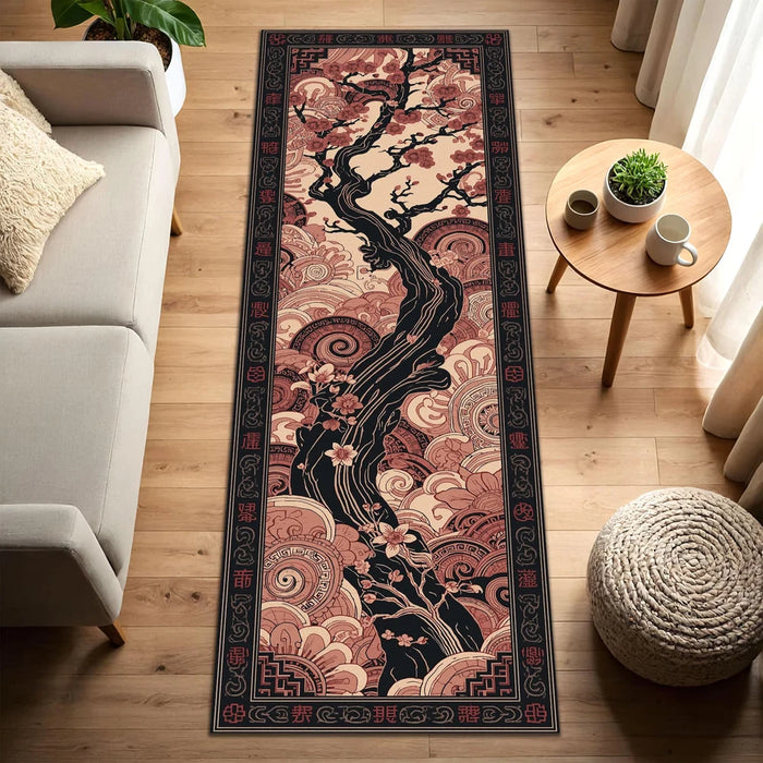 Läufer mit japanischem Blütenbaum im Vintage-Blumenstil für Wohnzimmer, Schlafzimmer und Flur – 40 × 60 bis 50 × 150 cm, Flanell, rutschfest, 4 Motive