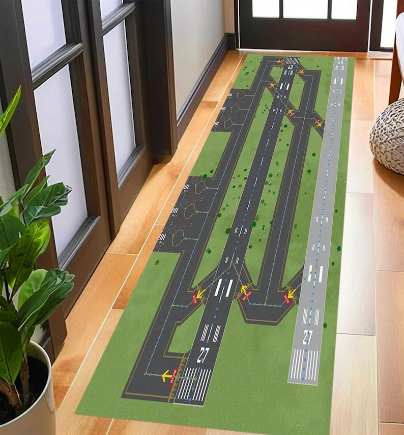 Teppich im Luftfahrt-Design mit Flughafen-Landebahn für Wohnzimmer und Schlafzimmer – 40 × 120 oder 50 × 150 cm, beflockt, rutschfest, 6 Motive
