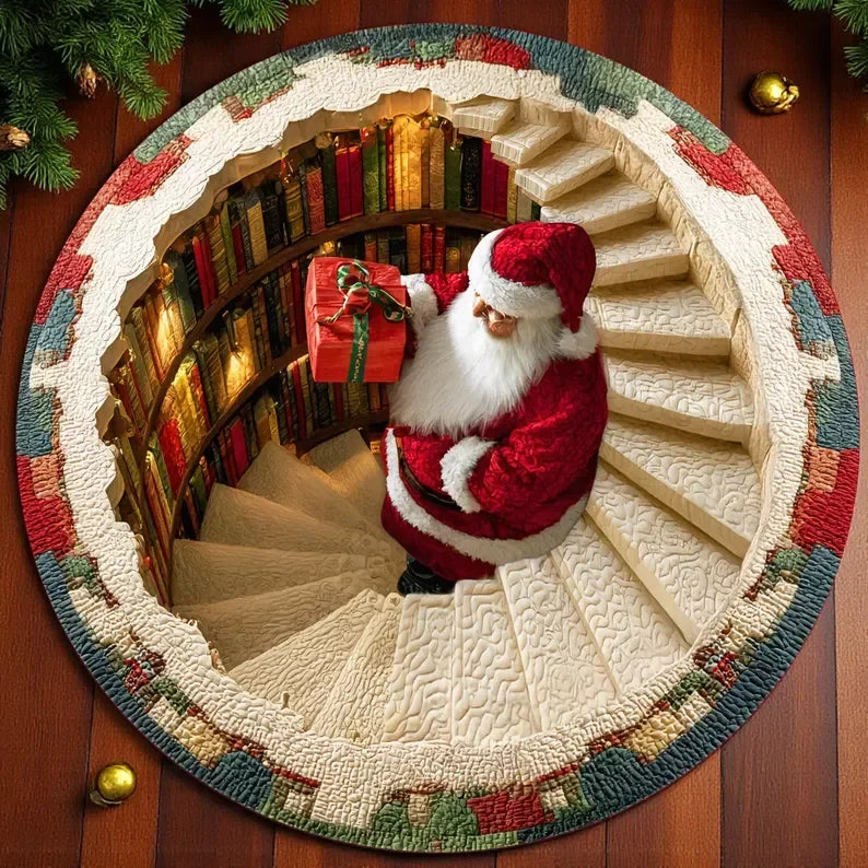 Runder Weihnachtsteppich mit Weihnachtsmann in 3D-Optik für Wohnzimmer und Eingang – Ø 40 bis 120 cm, Flanell, rutschfest, waschbar, 8 Motive