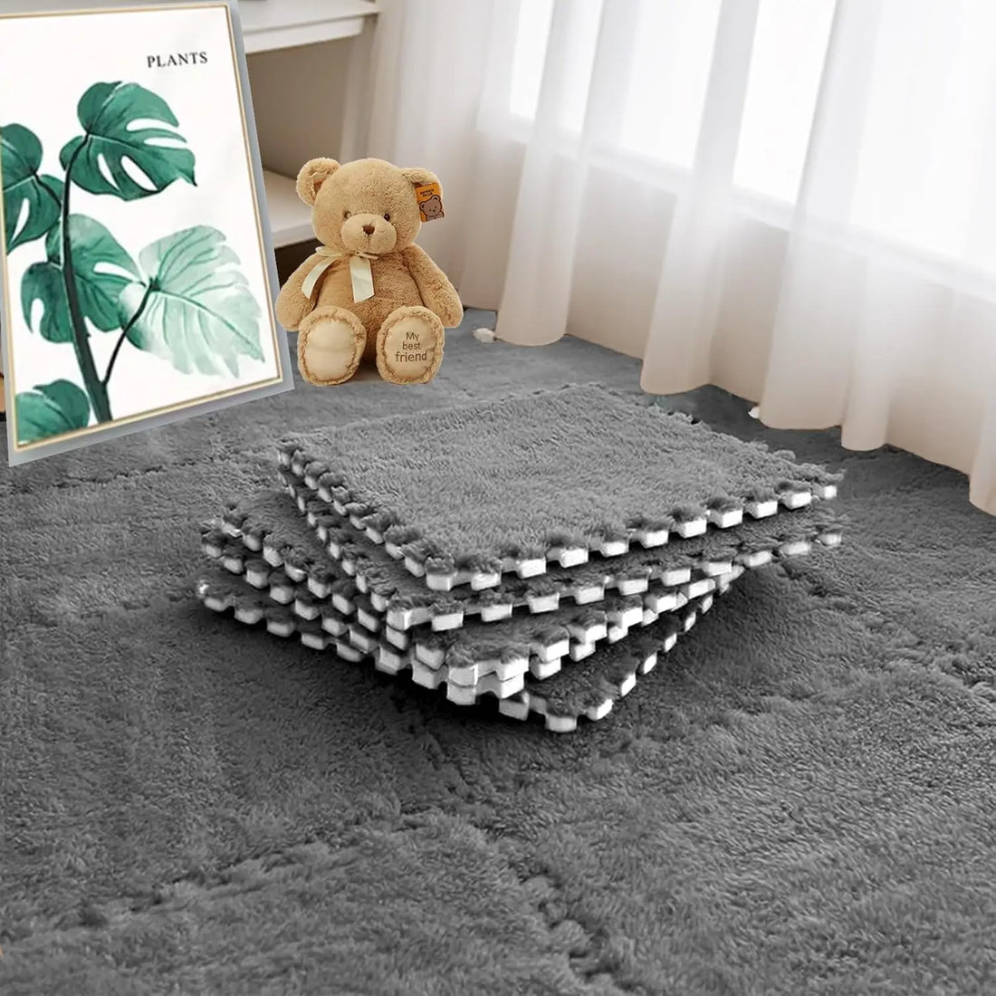 Plüsch-Puzzlematten im 10er-Set mit EVA-Schaum für Schlafzimmer und Fensterplatz – je 30 × 30 × 1 cm, ineinandergreifend, zuschneidbar, 11 Farben