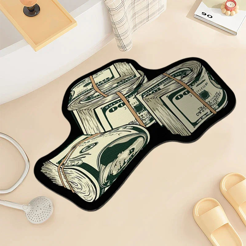 Teppich in Form von Dollar-Geldbündeln für Schlafzimmer, Wohnzimmer und Eingang – 40 × 60 bis 80 × 120 cm, Sonderform, rutschfeste Noppen, 9 Motive