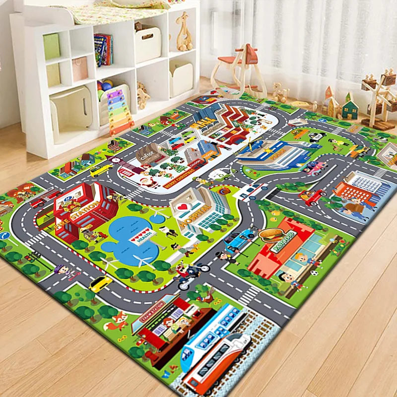 Spielteppich mit Straßen- und Landebahn-Motiv für Spielbereich und Wohnzimmer – 40 × 60 bis 160 × 230 cm, rutschfest, waschbar, 10 Motive