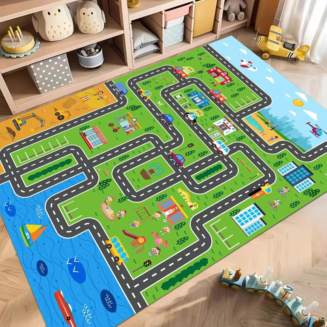 Interaktiver Straßenteppich für Eltern-Kind-Spiele in Wohnzimmer und Schlafzimmer – 40 × 60 bis 120 × 160 cm, bedruckt, rutschfest, waschbar, 5 Motive