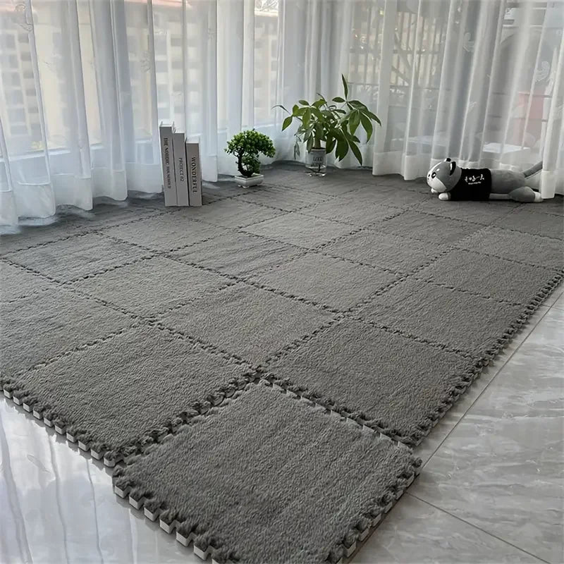 Plüsch-Puzzlematte aus Schaumstoff für Spielzimmer und Schlafzimmer – 12 Fliesen à 30 × 30 × 1 cm, ineinandergreifend, zuschneidbar, 5 Farben