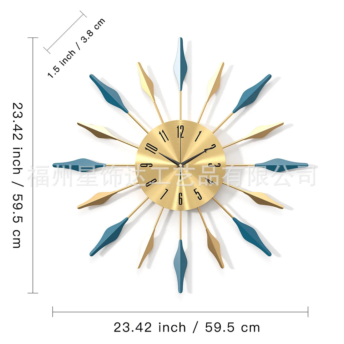 Metall-Wanduhr im Sonnenstrahl-Design mit blauen und goldenen Blättern für Esszimmer und Wohnzimmer – Ø 60 cm, rund, lautlos, mehrfarbig