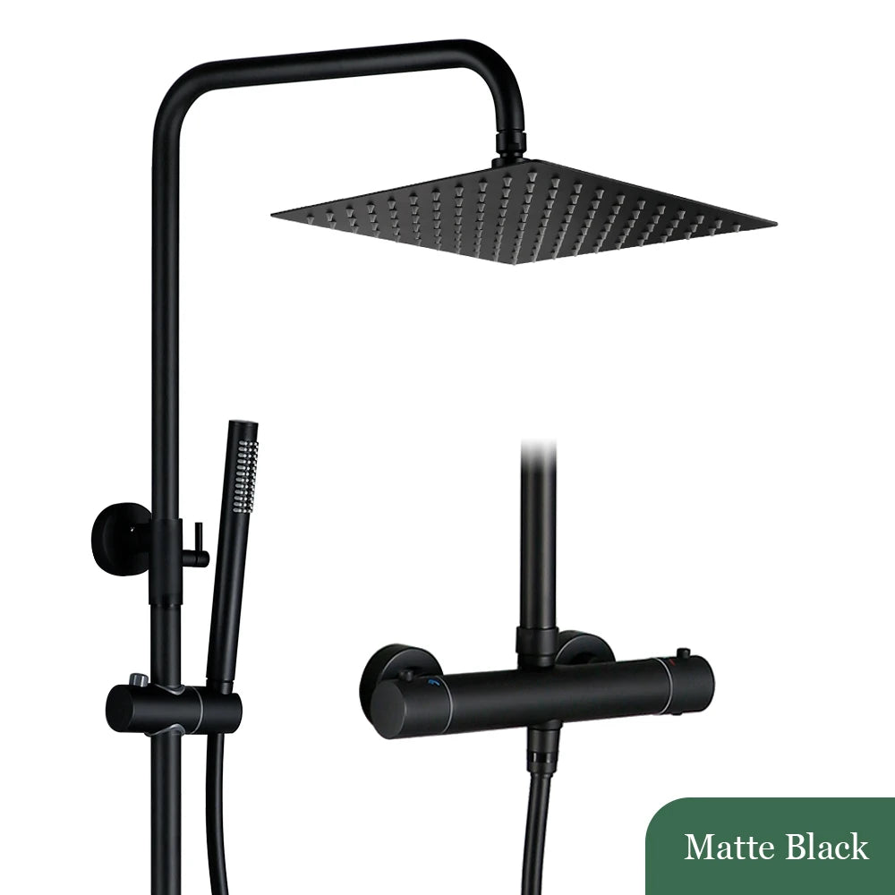 Thermostat-Duschset aus Messing mit Handbrause zur Wandmontage im Badezimmer – quadratische Kopfbrause 20 bis 30 cm, Doppelknopf, 7 Farben
