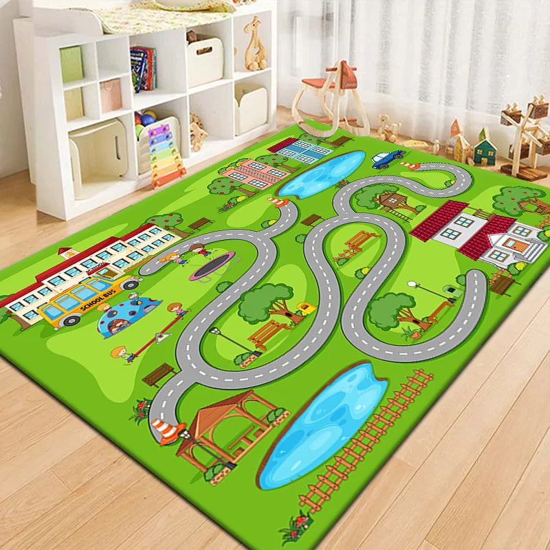 Spielteppich mit Straßen- und Landebahn-Motiv für Spielbereich und Wohnzimmer – 40 × 60 bis 160 × 230 cm, rutschfest, waschbar, 10 Motive