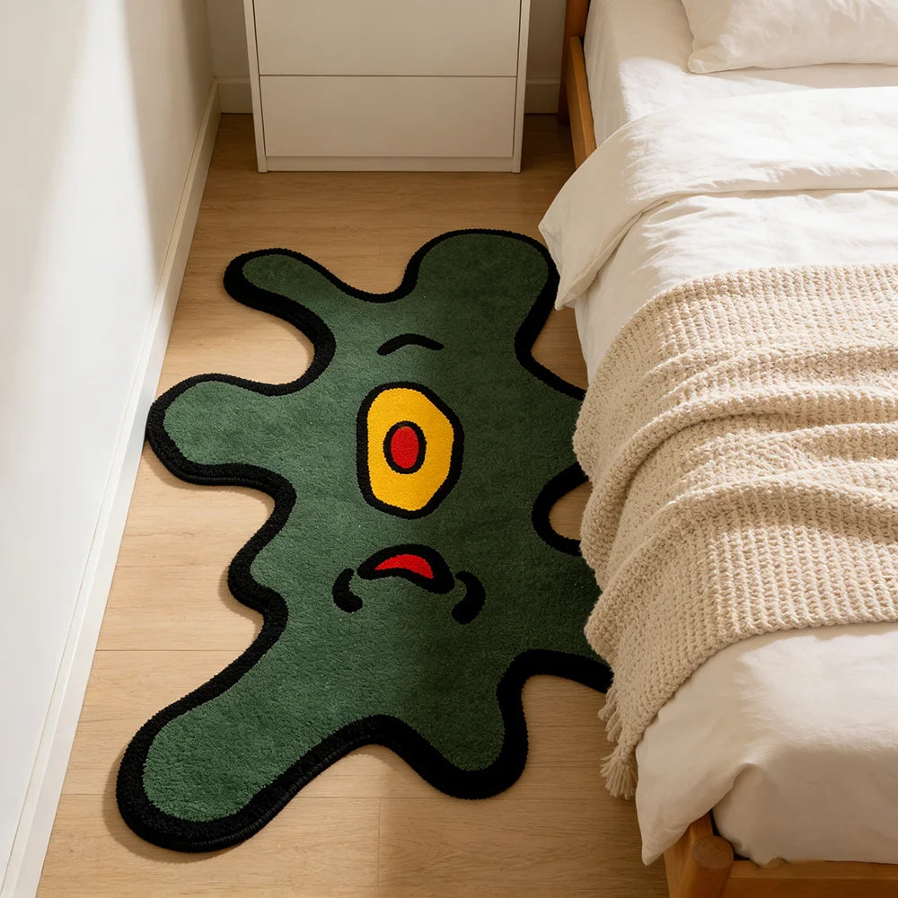 Unregelmäßiger Teppich mit grünem einäugigem Monster für Wohnzimmer, Schlafzimmer und Flur – 50 × 60 bis 140 × 180 cm, weich, waschbar