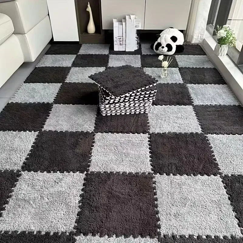 Plüsch-Puzzlematte in Zweifarb-Kombinationen für Wohnzimmer und Spielzimmer – 30 × 30 × 1 cm, BPA-frei, rutschfest, 4 bis 20 Platten, 9 Farben