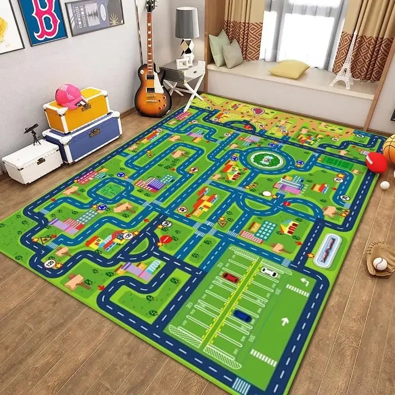 Kinderteppich mit Stadtplan und Straßen als Autospielmatte für Kinderzimmer und Spielzimmer – 80 × 120 bis 160 × 230 cm, rutschfest, 7 Motive