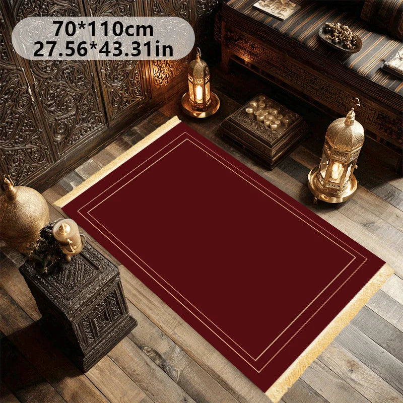 Faltbarer Gebetsteppich aus Polyester mit Fransen für drinnen und draußen – 50 × 100 bis 80 × 120 cm, rechteckig, schlichter Rahmen, Weinrot