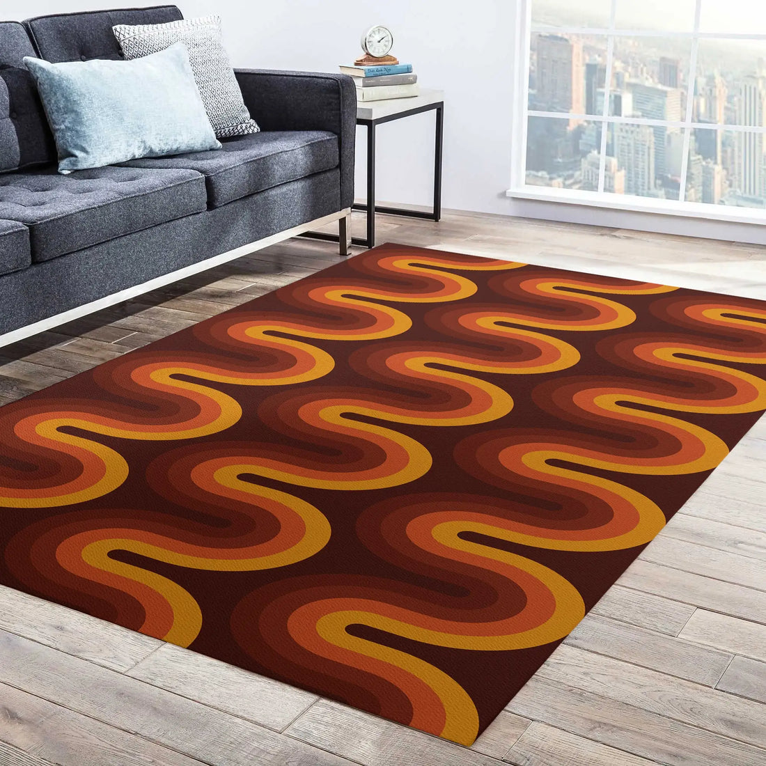 Grooviger Retro-Teppich im 70er-Jahre-Stil in Braun und Orange für Wohnzimmer und Wohnheim – 40 × 60 bis 120 × 160 cm, geometrisch, Flanell