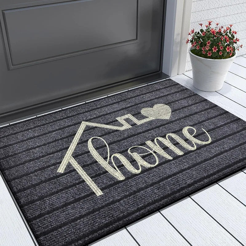 Gestreifte Fußmatte mit gesticktem Home-Schriftzug für Haustür, Eingang und Badezimmer – 40 × 60 oder 50 × 80 cm, Polyester, rutschfest, 5 Varianten