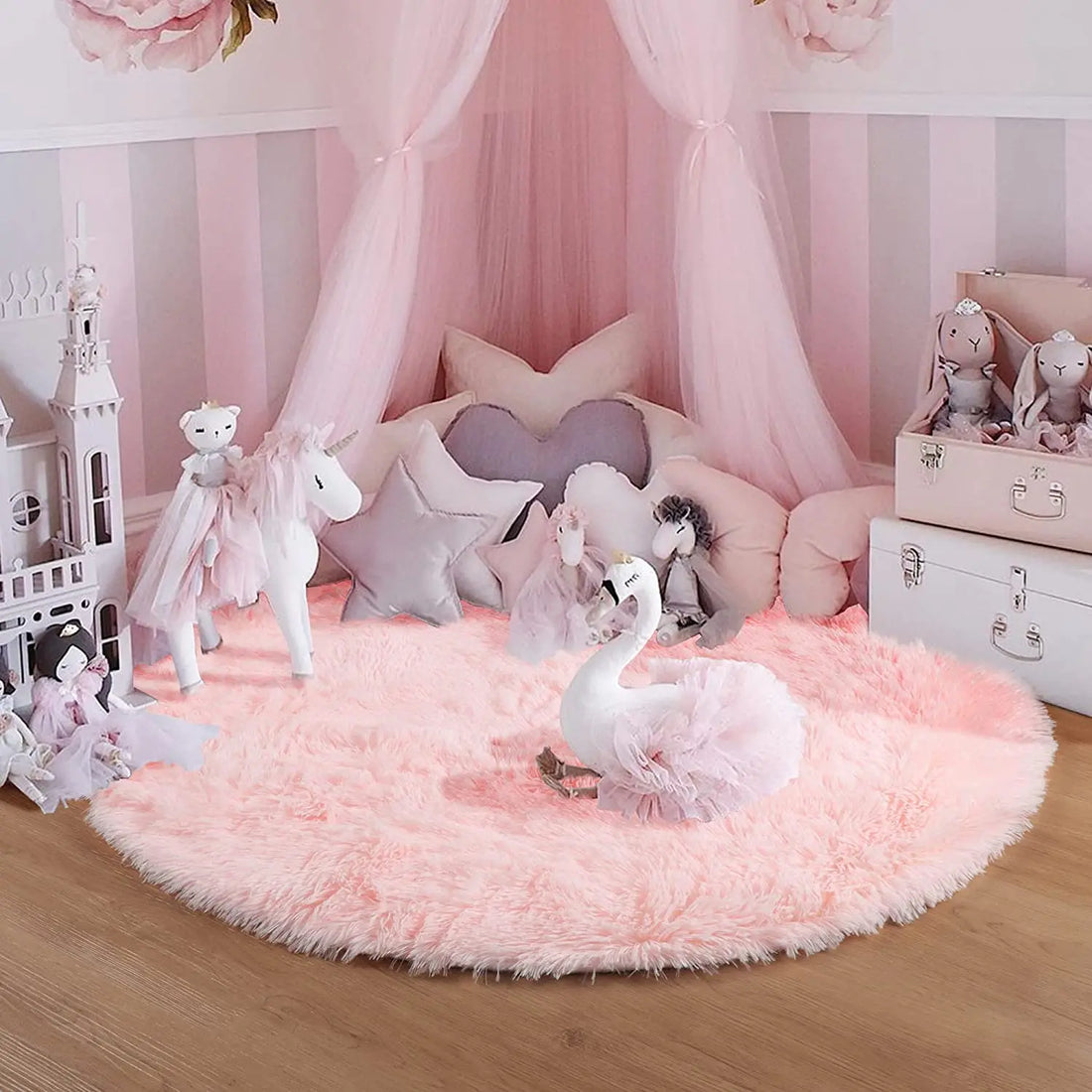 Runder Hochflorteppich in Regenbogenfarben für Kinderzimmer und Schlafzimmer – Ø 60 bis 160 cm, flauschig, Memory-Schaum, rutschfest