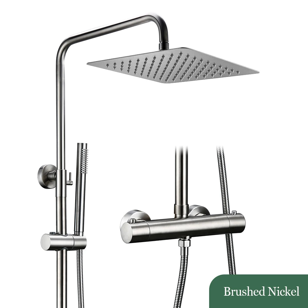 Thermostat-Duschset aus Messing mit Handbrause zur Wandmontage im Badezimmer – quadratische Kopfbrause 20 bis 30 cm, Doppelknopf, 7 Farben