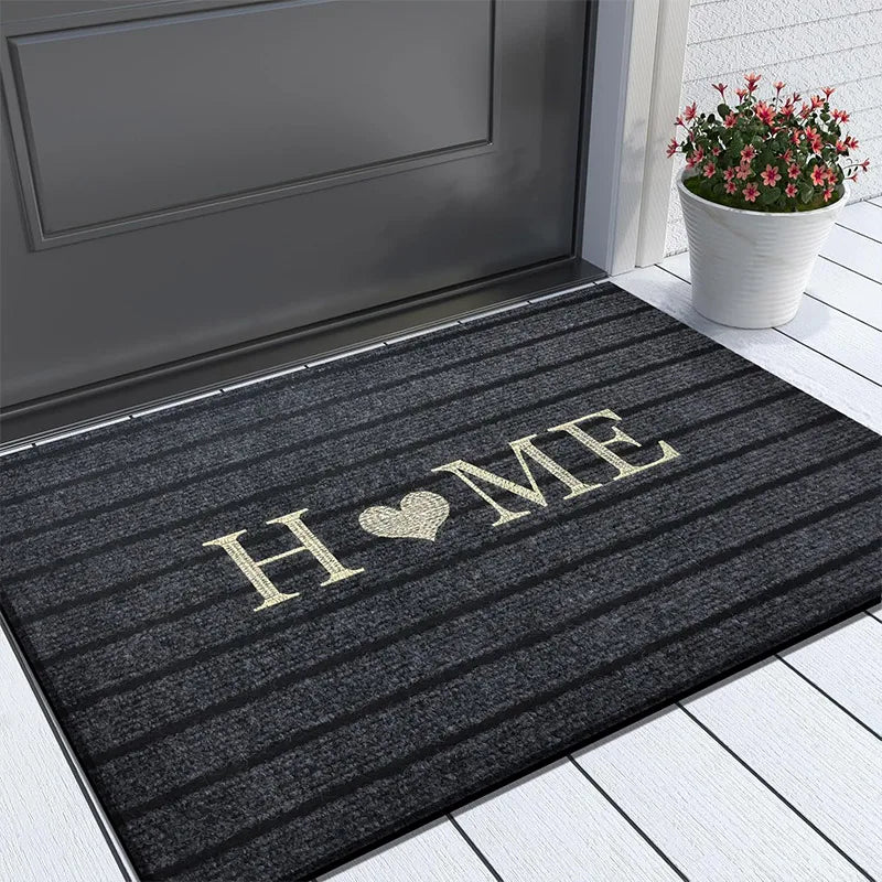 Gestreifte Fußmatte mit gesticktem Home-Schriftzug für Haustür, Eingang und Badezimmer – 40 × 60 oder 50 × 80 cm, Polyester, rutschfest, 5 Varianten