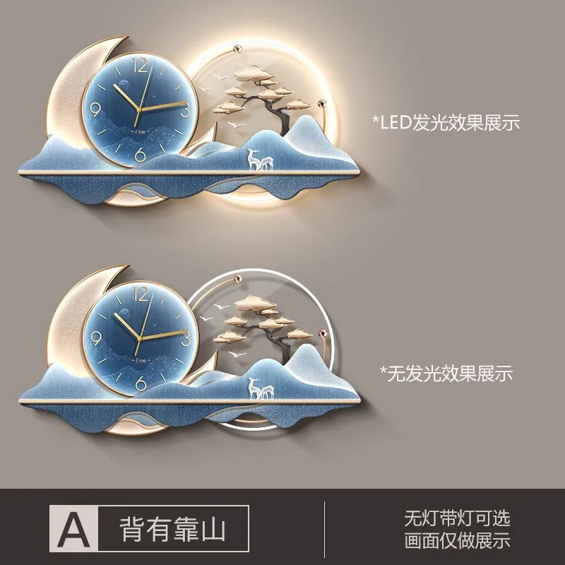 Beleuchtete Wanduhr mit Landschaftsbild aus Kristallporzellan für Wohn- und Esszimmer – 30 × 60 oder 40 × 80 cm, LED-Licht, Fernbedienung, 3 Motive