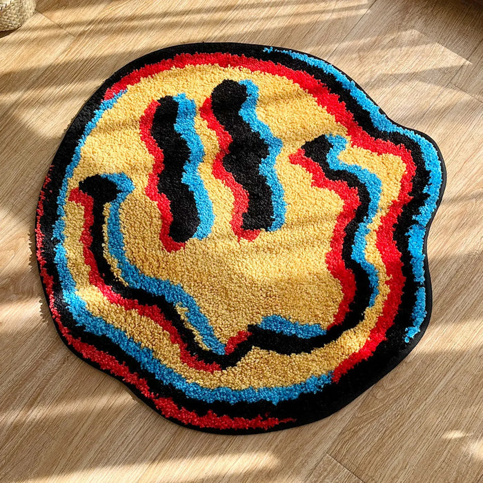 Getufteter Teppich mit psychedelischem Smiley-Design für Schlafzimmer und als Geschenk – 60 × 60 oder 90 × 90 cm, rutschfeste TPR-Rückseite