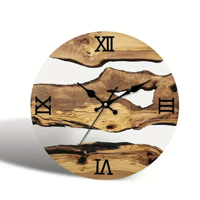 Wanduhr aus Glas mit Holzmaserung und weißen Flächen im Kunst-Design für Wohnzimmer und Flur – 30 cm (12 Zoll), rund, lautlos, 4 Motive