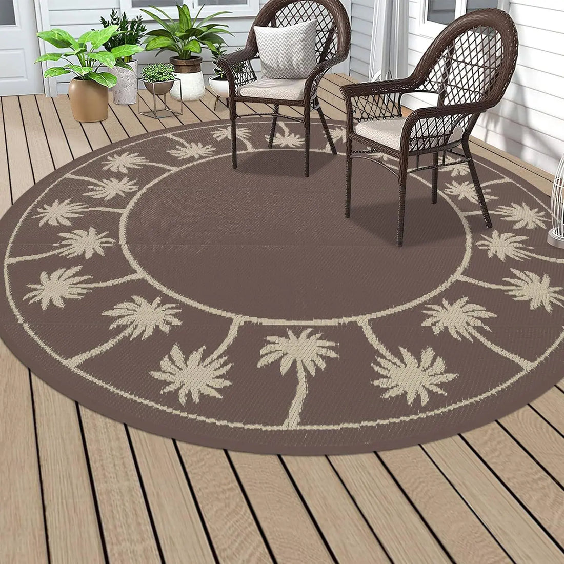 Runder Outdoor-Teppich mit Vintage-Blumenmuster für Terrasse, Balkon und Garten – Ø 40 bis 120 cm, wasserdicht, rutschfest, waschbar, 4 Motive