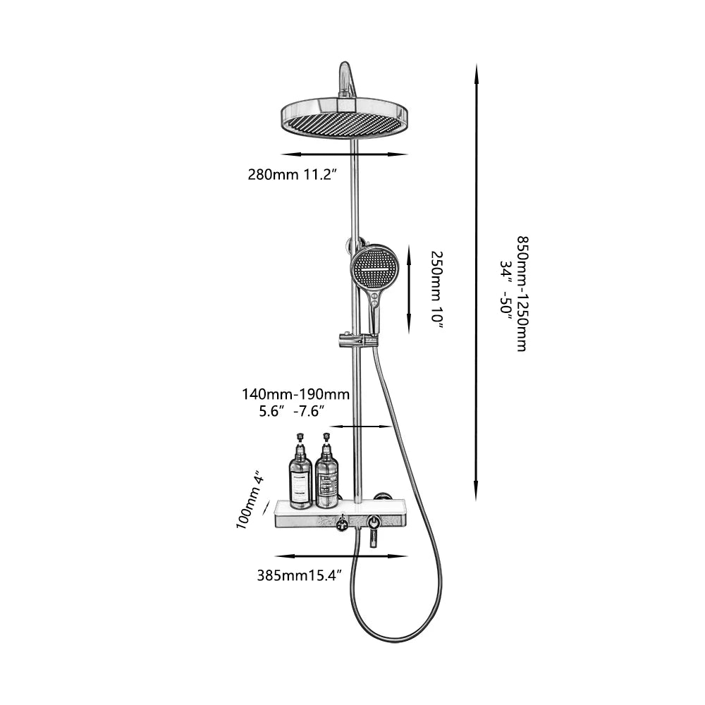 Aufputz-Duschsystem aus Messing mit Ablage und Knopfbedienung für das Badezimmer – 3 Funktionen, Kopfbrause 28 cm, Handbrause, Wannenstrahl, 6 Farben