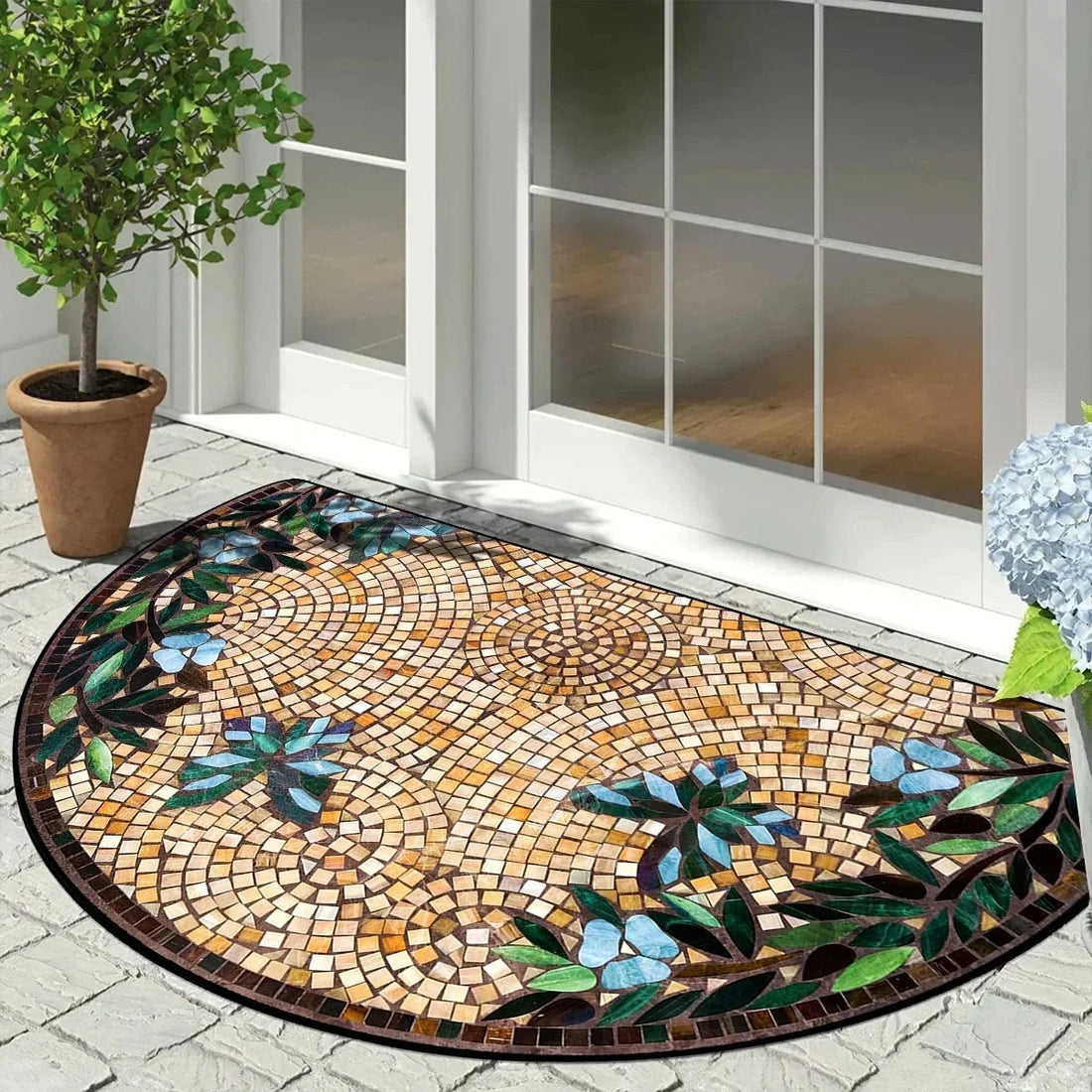 Halbrunde Fußmatte mit Vintage-Blumenmosaik im Art-déco-Stil für Eingang, Wohnzimmer und Schlafzimmer – 40 × 60 bis 60 × 90 cm, Kristallsamt, 5 Motive