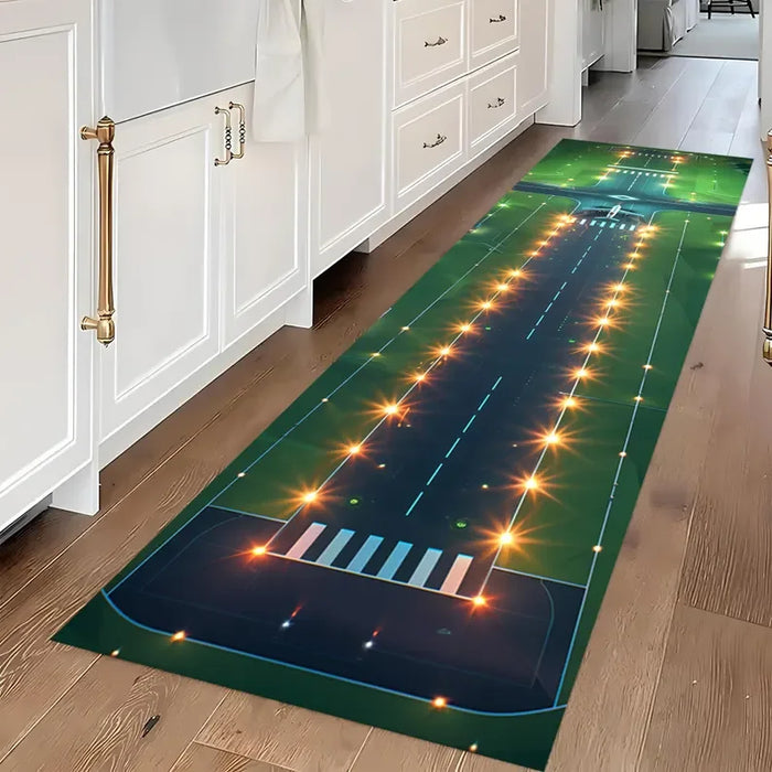 Kinderteppich mit Neon-Landebahn als Flugzeug-Spielmatte für Kinderzimmer und Flur – 40 × 120 oder 50 × 150 cm, Läufer, rutschfest, 4 Motive