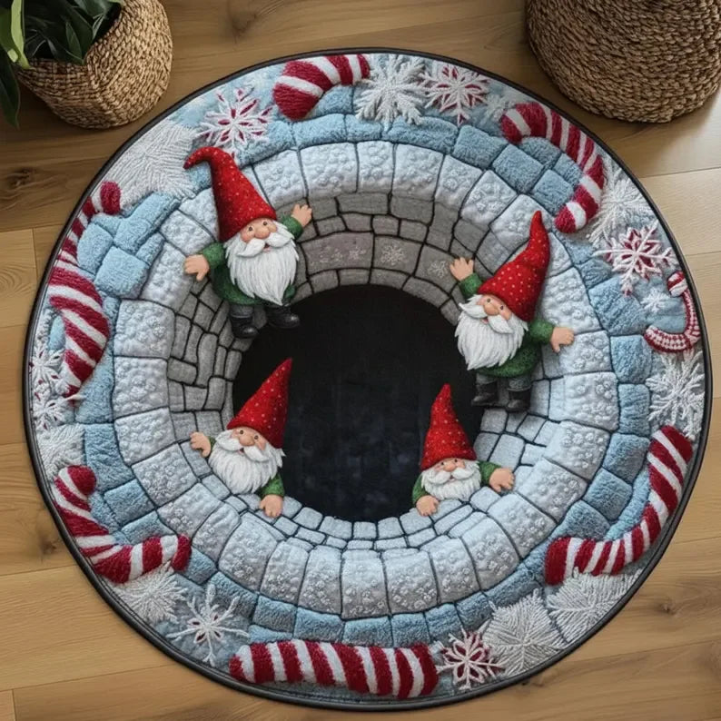 Runder Weihnachtsteppich mit Wichtel in 3D-Optik für Wohnzimmer und Haustür – Ø 40 bis 120 cm, Flanell, rutschfest, waschbar, 6 Motive