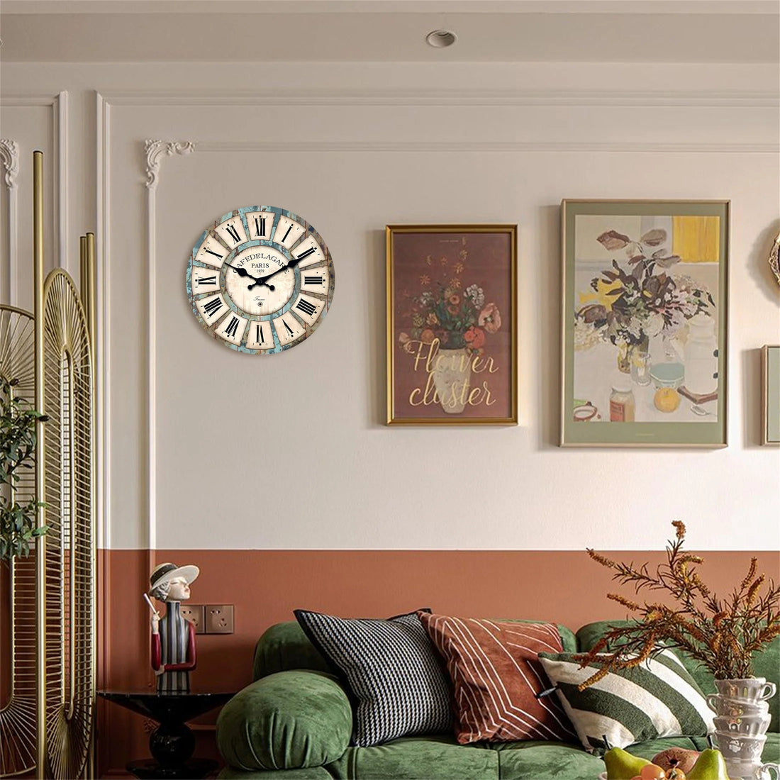 Runde Wanduhr aus Holz im Landhausstil mit römischen Ziffern für Küche, Wohnzimmer und Schlafzimmer – Ø ca. 25 bis 40 cm, Vintage-Optik, geräuschlos