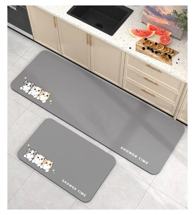 Kieselgur-Küchenmatte mit Cartoon-Druck für Küche und Bad – 40 × 60 bis 50 × 160 cm, wasserdicht, rutschfest, einzeln oder im 2er-Set, 9 Motive