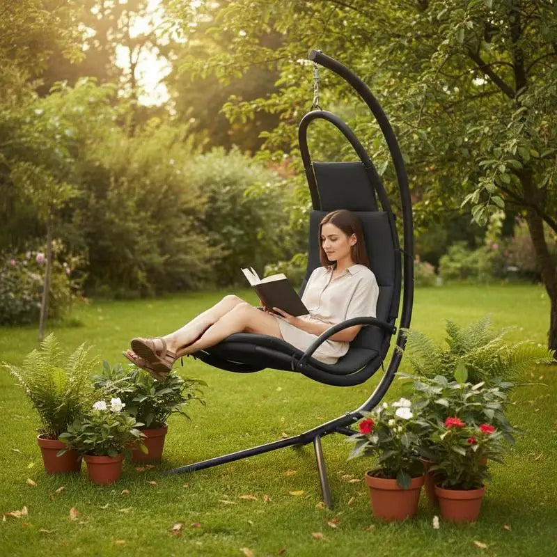 Hängesessel mit Standgestell und gepolstertem Kissen für Garten und Terrasse – 600D-Oxford-Gewebe, pulverbeschichteter Stahl, 3-cm-Polster, 3 Farben