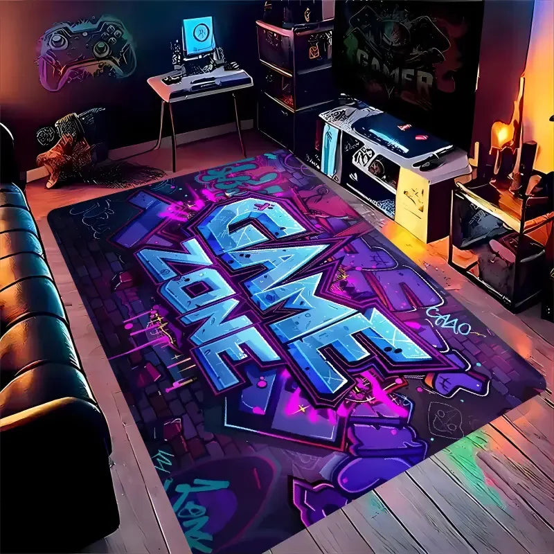 Bunter Teppich mit Gamepad-Muster im Gaming-Look für Wohnzimmer und Schlafzimmer – 40 × 60 bis 120 × 160 cm, Flanell, rutschfest, 4 Motive