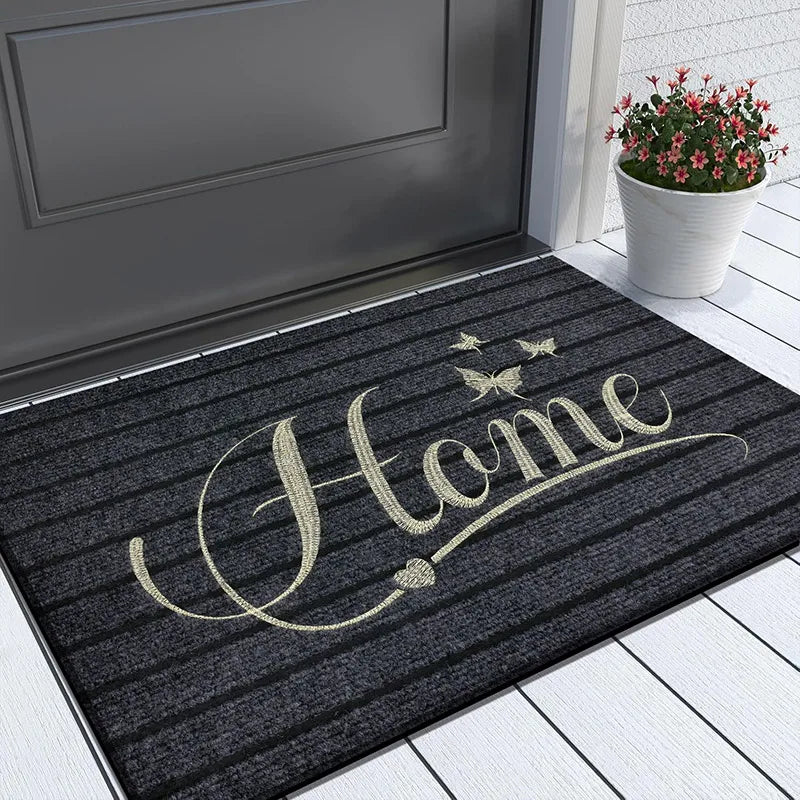 Gestreifte Fußmatte mit gesticktem Home-Schriftzug für Haustür, Eingang und Badezimmer – 40 × 60 oder 50 × 80 cm, Polyester, rutschfest, 5 Varianten
