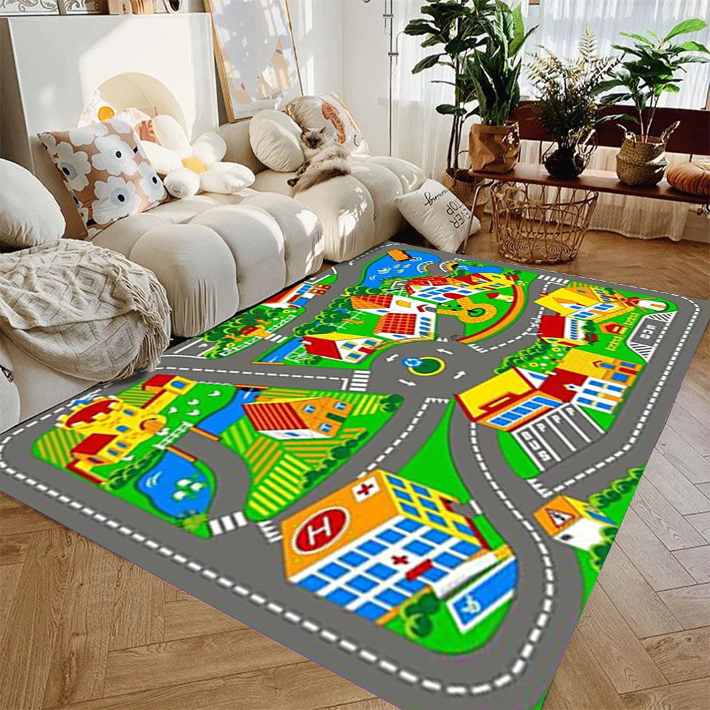 Spielteppich mit Rennstrecken- und Flughafenmotiv für Spielzeugautos im Kinderzimmer – 40 × 60 bis 120 × 160 cm, Flanell, rutschfest, 6 Motive