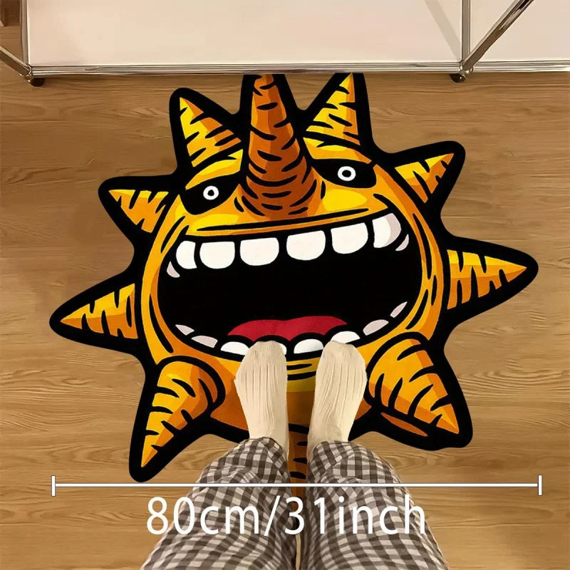 Kreativer Sonnen-Teppich im Anime-Stil in Orange für Wohnzimmer, Schlafzimmer und Jugendzimmer – 50 × 50 bis 120 × 120 cm, Sonderform, rutschfest