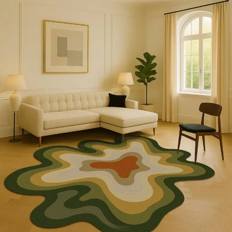 Bunter Teppich in Dopamin-Farben mit abstraktem Wellenmotiv für Schlafzimmer und Wohnzimmer – 80 × 80 bis 300 × 300 cm, unregelmäßige Form, 11 Motive