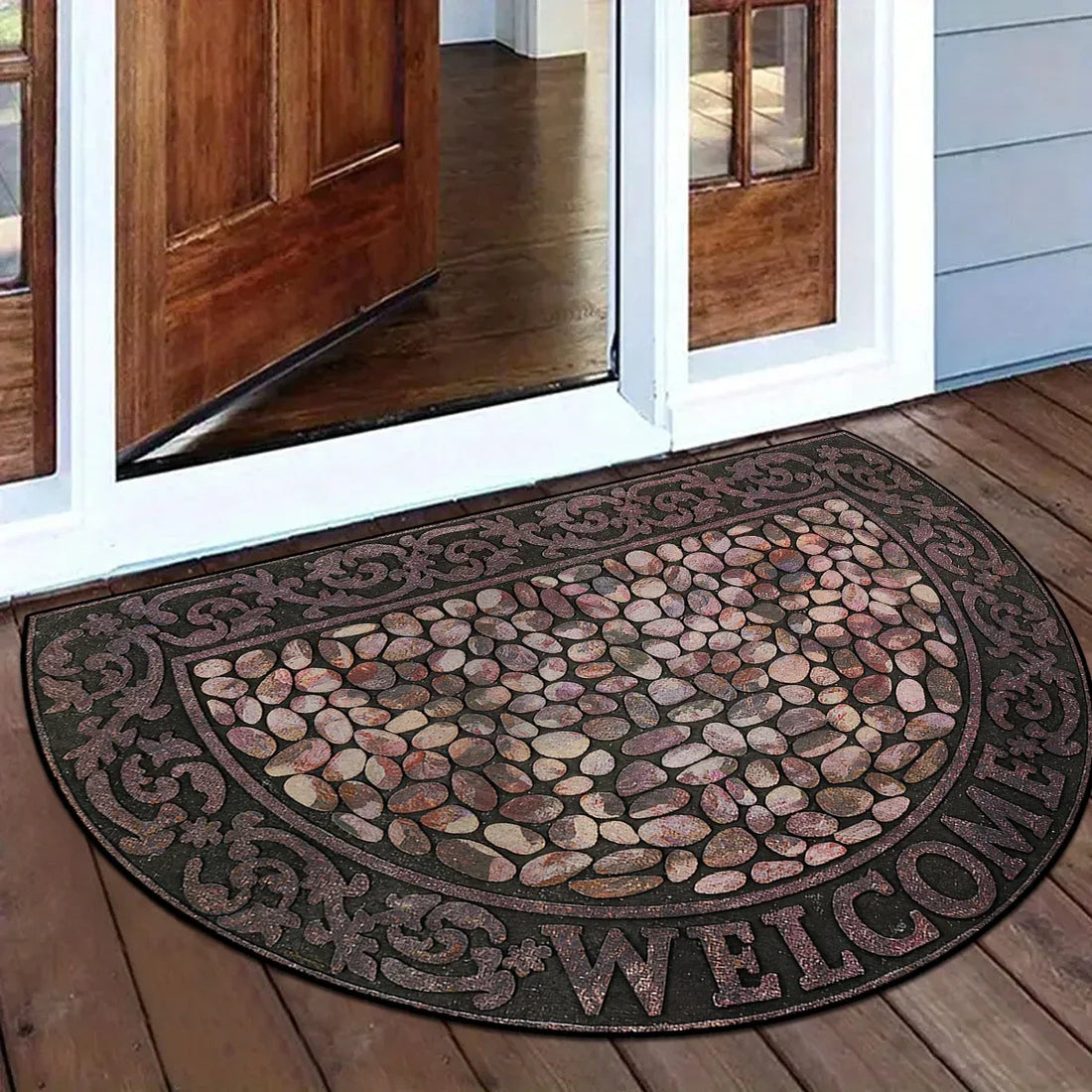 Halbrunde Fußmatte mit Mosaik-Blumenmuster im Vintage-Stil für Eingang, Veranda und Balkon – 40 × 60 bis 60 × 90 cm, rutschfest, 10 Motive