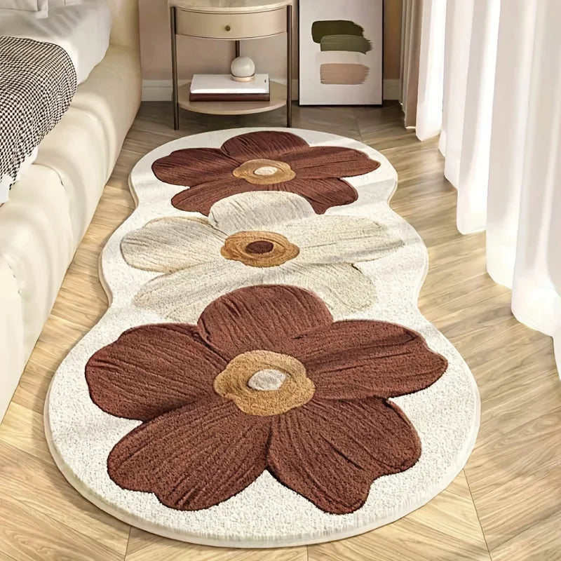 Geschwungener Plüschteppich mit großem Blumenmotiv im nordischen Stil für Schlafzimmer und Mädchenzimmer – 40 × 100 bis 60 × 160 cm, weich, 4 Motive