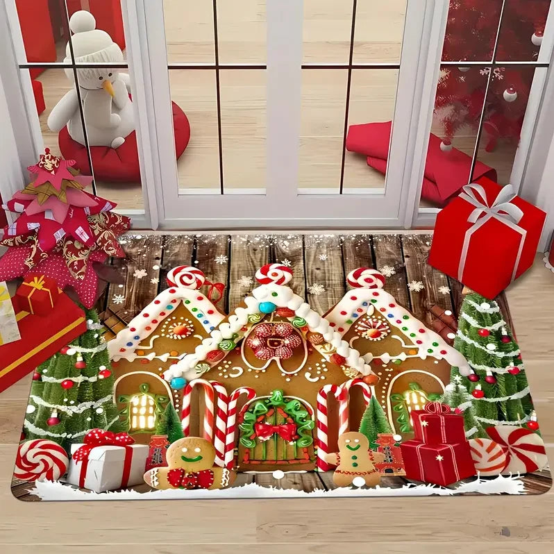 Weihnachtsteppich mit Lebkuchenhaus-Motiv für Wohnzimmer und Schlafzimmer – 40 × 60 bis 120 × 160 cm, rechteckig, Flanell, rutschfest, 4 Motive