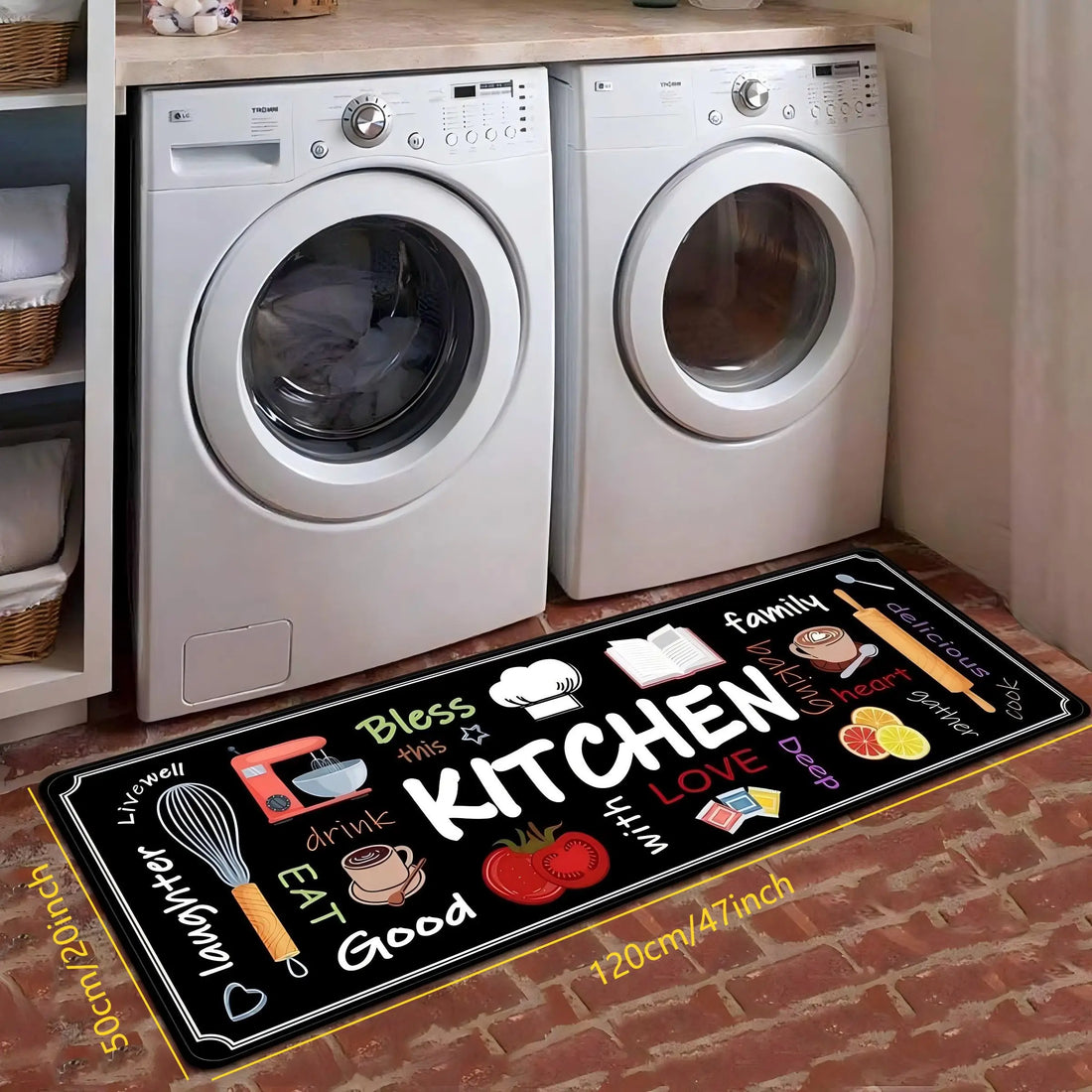 Bedruckte Küchenmatte mit Kitchen-Schriftzug aus Kristallsamt für Küche, Flur und Waschküche – 40 × 60 bis 60 × 180 cm, 4 mm dick, waschbar