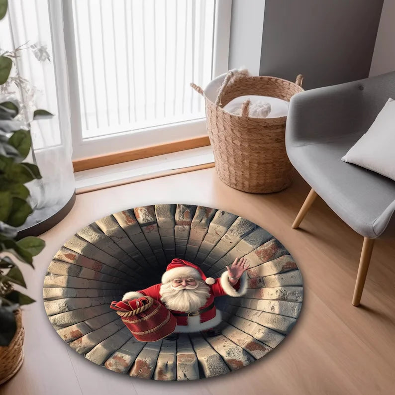 Runder Weihnachtsteppich mit Weihnachtsmann in 3D-Optik für Wohnzimmer und Eingang – Ø 40 bis 120 cm, Flanell, rutschfest, waschbar, 8 Motive