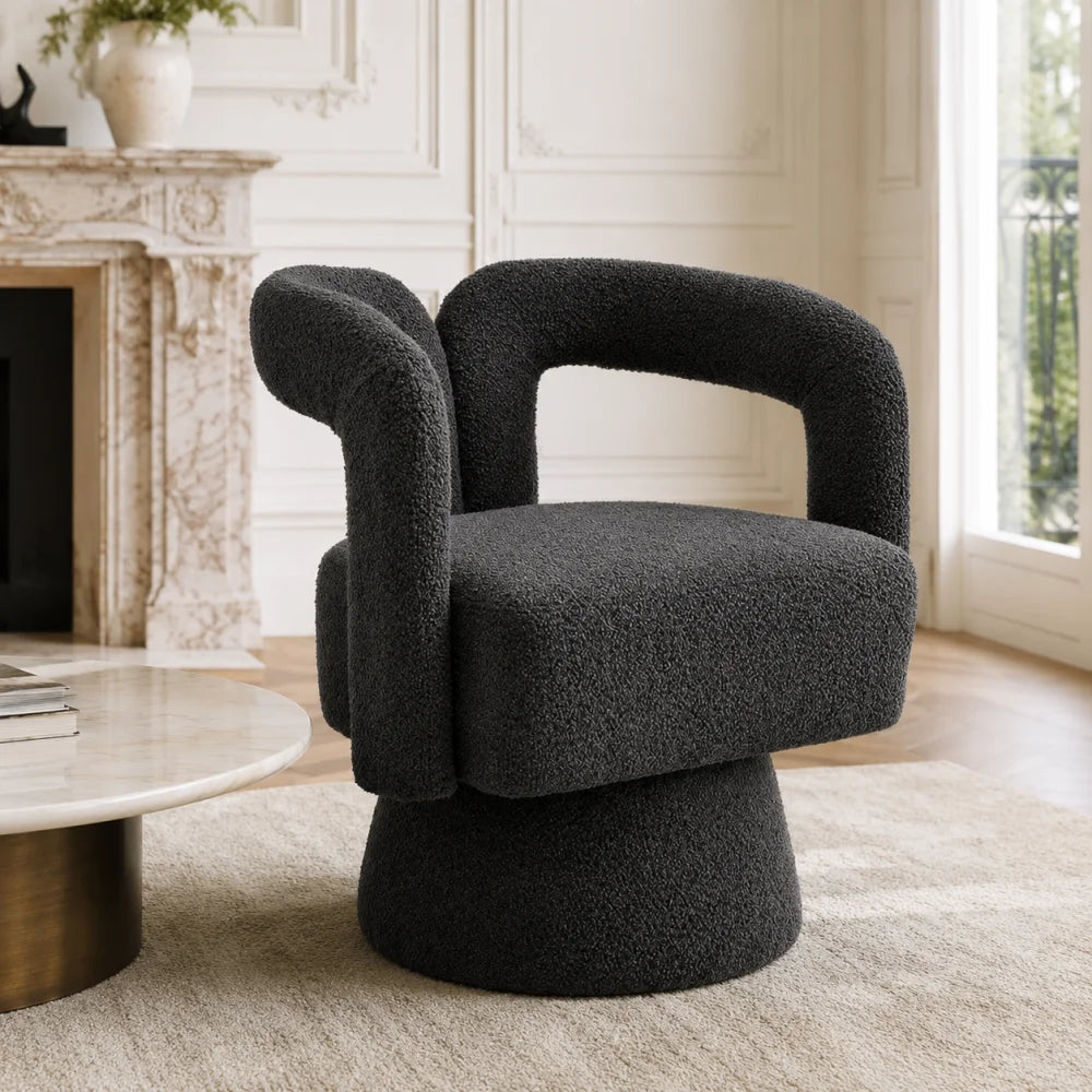 Drehbarer Bouclé-Sessel mit runder Form und breiten Armlehnen für Wohnzimmer und Schlafzimmer – 360° drehbar, 67 × 55 × 74 cm, 4 Farben