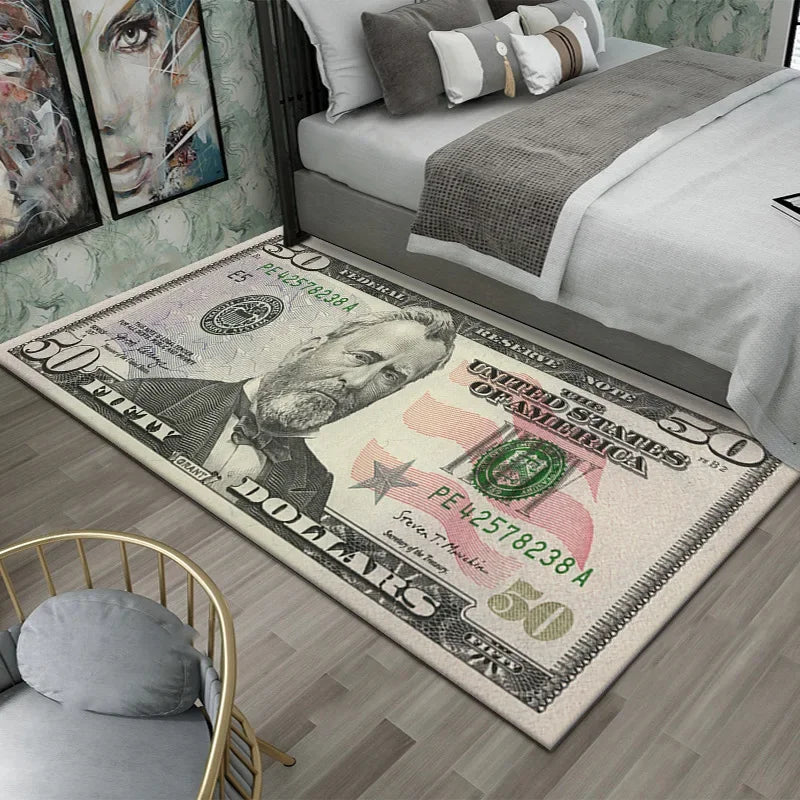 Teppich mit Dollarschein-Aufdruck aus Flanell für Schlafzimmer, Wohnzimmer und Büro – 40 × 60 bis 60 × 180 cm, rutschfeste Latexnoppen, 7 Motive